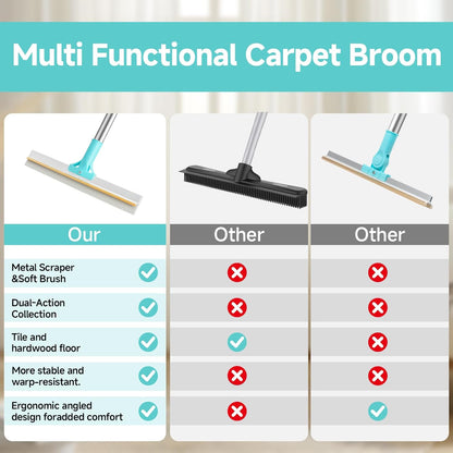 Carpet Rake for Pet Hair Removal Tool, Reusable Pet Hair Remover Broom, Dog&Cat Hair Remover Scraper Rake with 54” Adjustable Long Handle, 3 Pcs Carpet Brush Rake for Rugs, Mats, Couch, Furniture