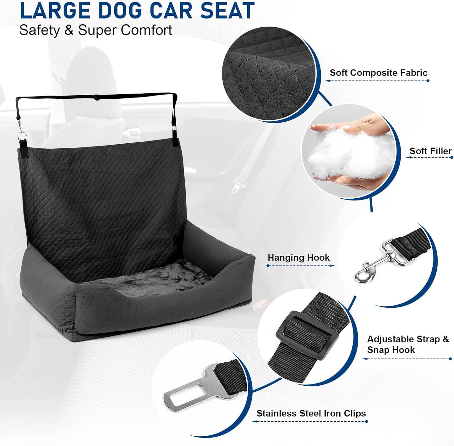 Dog Car Seat for Medium Large, Safe and Comfortable Dog Car Bed Medium Under 60lbs, Multipurpose Design Washable with Non-Slip Base