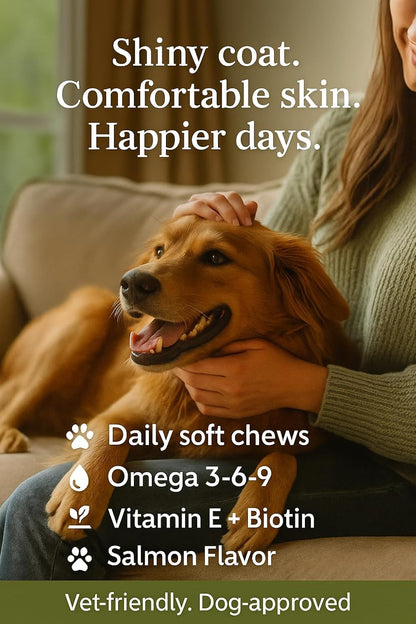 Skin & Coat Chews for Dogs, Salmon Flavor — 100 Soft Chews — Omega 3 6 9 from Fish Oil and Wild Alaskan Salmon Oil with Vitamin E and Biotin — Helps Maintain Healthy Skin and a Shiny Coat — AlphaVine