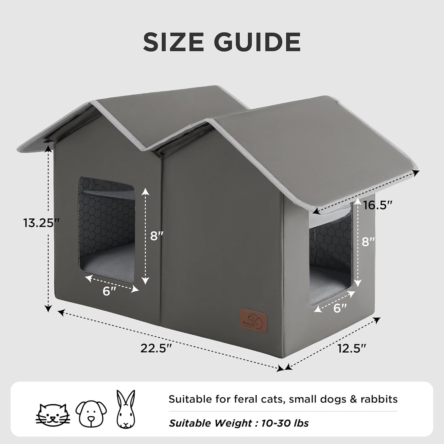 Bedsure Weatherproof Outdoor Cat House-Extra Wide Insulated Feral Cat Shelter with Raised Base in Winter, Waterproof Outside Pet Hideout for Stray Kitty, 22.5x12.5x13.25inches, Grey