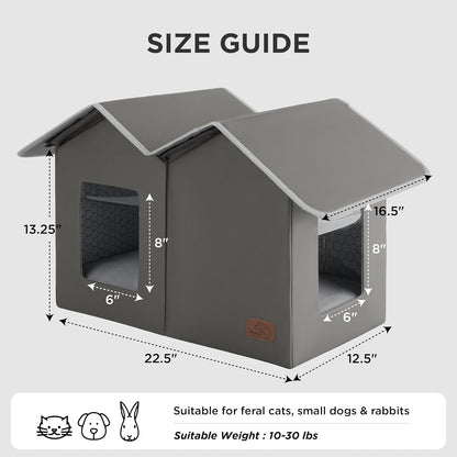 Bedsure Weatherproof Outdoor Cat House-Extra Wide Insulated Feral Cat Shelter with Raised Base in Winter, Waterproof Outside Pet Hideout for Stray Kitty, 22.5x12.5x13.25inches, Grey