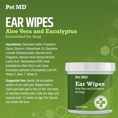 Pet MD - Dog Ear Cleaner Wipes - Otic Cleanser for Dogs to Stop Ear Itching, and Infections with Aloe and Eucalyptus - 100 Count