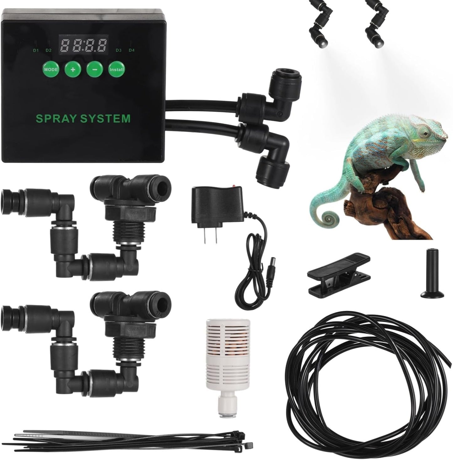 Smart Mist Sprayer with Two Free-Rotating Spray Nozzles, Reptile Humidifier Misting System with Timer, Lizard Snake Habitat Atomizer for Tropical Plants, Includes Long Pipe, Power Adapter