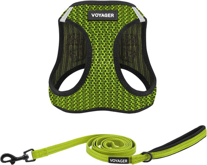 Best Pet Supplies Voyager Step-in Air All Weather Mesh Harness and Reflective Dog 5 ft Leash Combo with Neoprene Handle, for Small, Medium and Large Breed Puppies - Lime Green (2-Tone), S