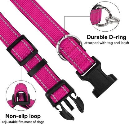 Reflective Dog Collar, Soft Neoprene Padded Nylon Pet Collar with Quick-Release Buckle, No-Choke Design Adjustable for Small Dogs,Hotpink,S