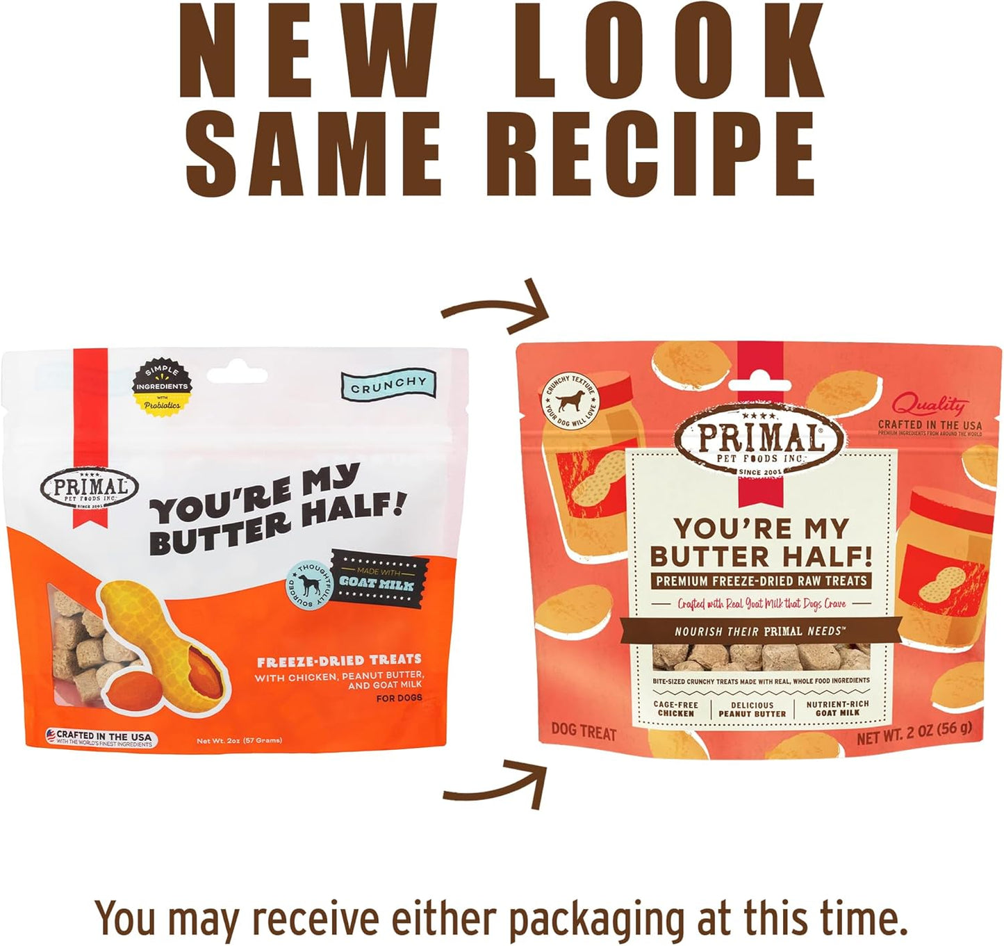 Primal Freeze Dried Dog Treats, You're My Butter Half; Chicken & Peanut Butter with Goat Milk, Grain Free Training Treats for Dogs, 2 oz (Pack of 2)