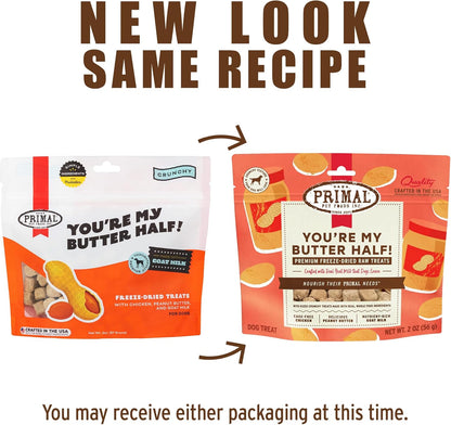 Primal Freeze Dried Dog Treats, You're My Butter Half; Chicken & Peanut Butter with Goat Milk, Grain Free Training Treats for Dogs, 2 oz (Pack of 2)