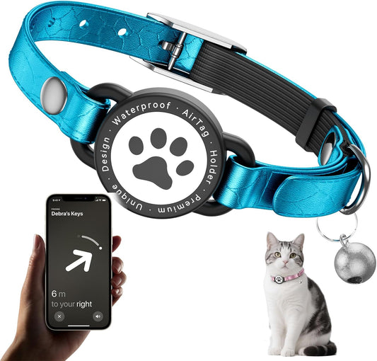 Leather Airtag Cat Collar - Waterproof Cat Collar AirTag Holder with Metal Buckle | Comfortable, Glossy Cats Tracker Collars with Bell for Girl Boy Cats, Kittens, and Puppies (Blue)