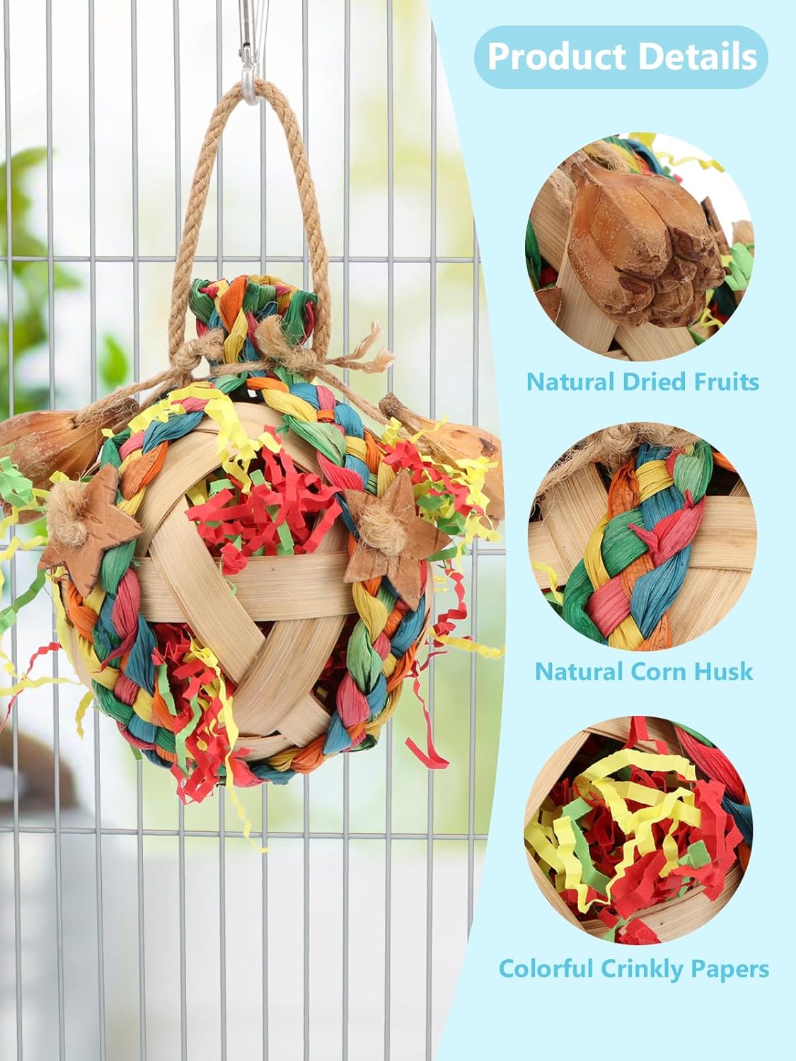 Wontee Bird Toys Colorful Shredding Crinkles Foraging Toys Natural Dried Fruits Chew for Cockatiels Conures Parakeets Budgies Senegal (1 Pack)
