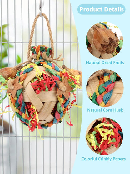 Wontee Bird Toys Colorful Shredding Crinkles Foraging Toys Natural Dried Fruits Chew for Cockatiels Conures Parakeets Budgies Senegal (1 Pack)