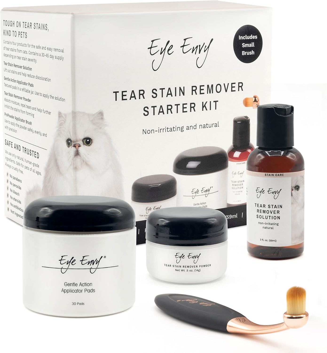 Eye Envy Cat Tear Stain Remover Starter Kit with ProPowder Brush. Stain Solution, Applicator Pads, Stain Powder, and Small Applicator Brush. Tear Stain Treatment Kit. Lasts 30-45 Days. Made in USA.