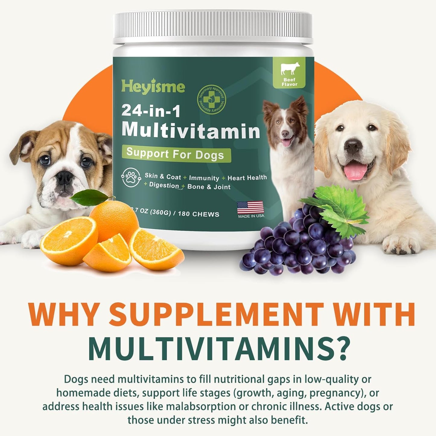 Dog Multivitamin, Glucosamine Chondroitin for Dogs, Dog Vitamins and Supplements, Probiotics, Krill Oil for Hip & Joints, Skin, Coat, Immune Health, Heart, Digestion (180 Chews, Beef)