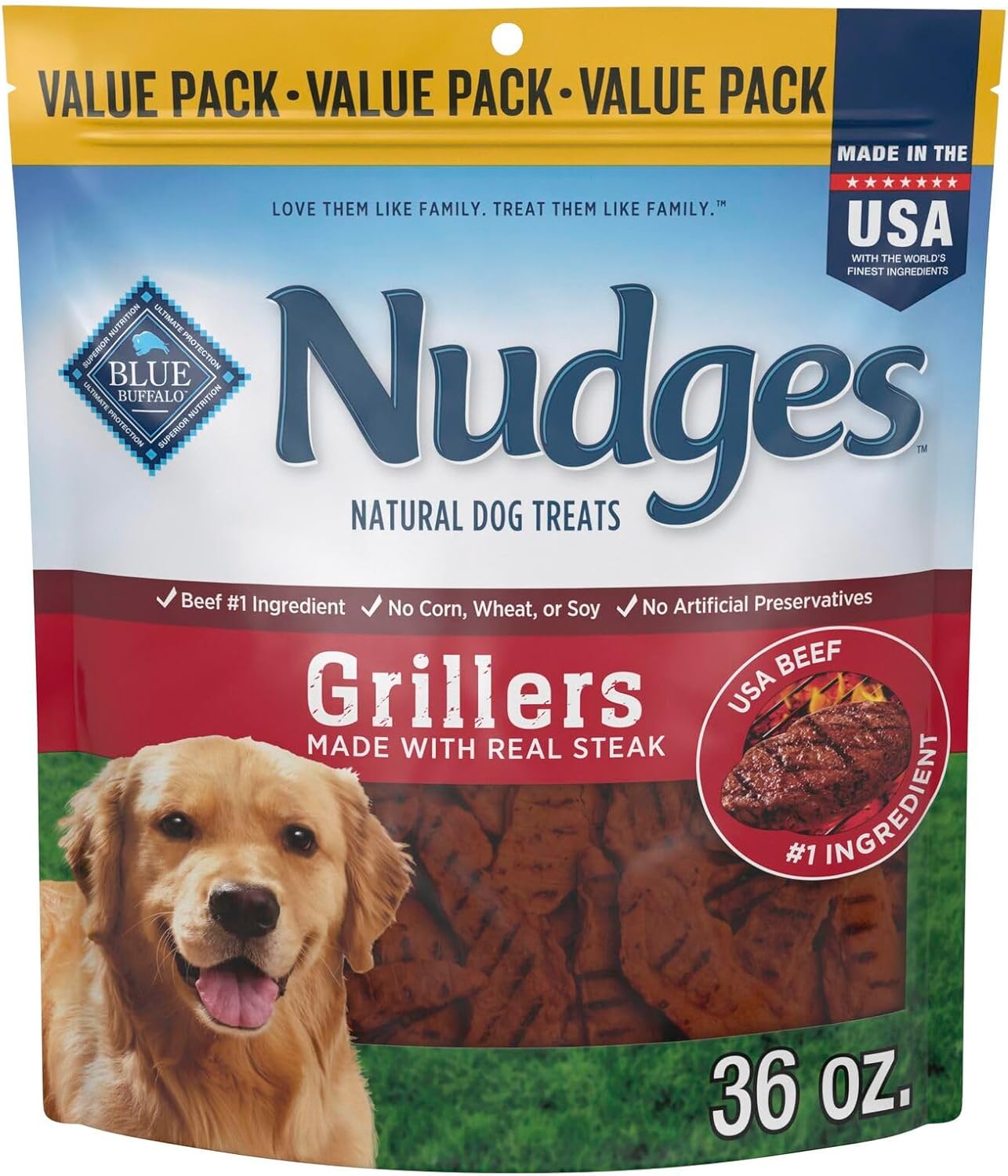 Blue Buffalo Nudges Grillers Natural Dog Treats with Real USA Beef, Made in the USA, Steak, 36-oz Bag