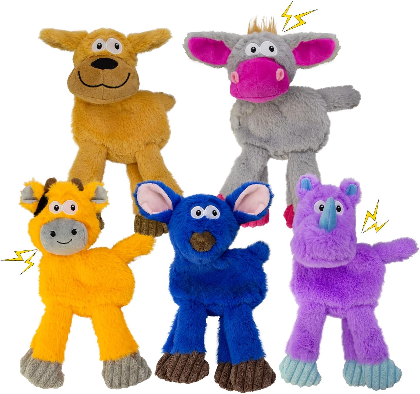 Squeaky Dog Toys, No Stuffing 5 Pack Crinkle Dog Toy for Small,Medium Large Dogs, Not for Aggressive Chewers, Indoor Outdoor Training,Dog,Donkey,Cow,Rhino,Hipo.