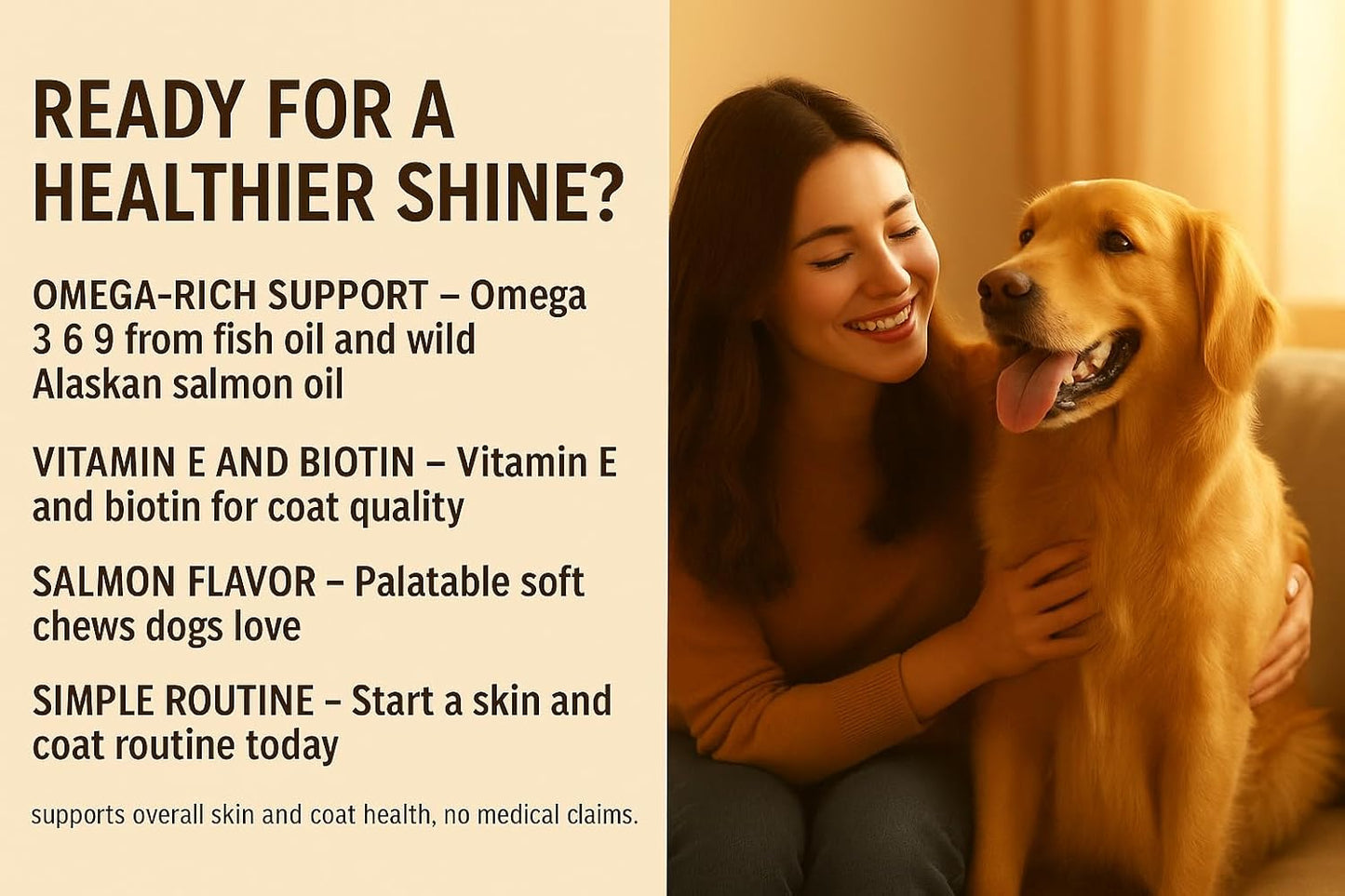 Skin & Coat Chews for Dogs, Salmon Flavor — 100 Soft Chews — Omega 3 6 9 from Fish Oil and Wild Alaskan Salmon Oil with Vitamin E and Biotin — Helps Maintain Healthy Skin and a Shiny Coat — AlphaVine