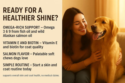 Skin & Coat Chews for Dogs, Salmon Flavor — 100 Soft Chews — Omega 3 6 9 from Fish Oil and Wild Alaskan Salmon Oil with Vitamin E and Biotin — Helps Maintain Healthy Skin and a Shiny Coat — AlphaVine