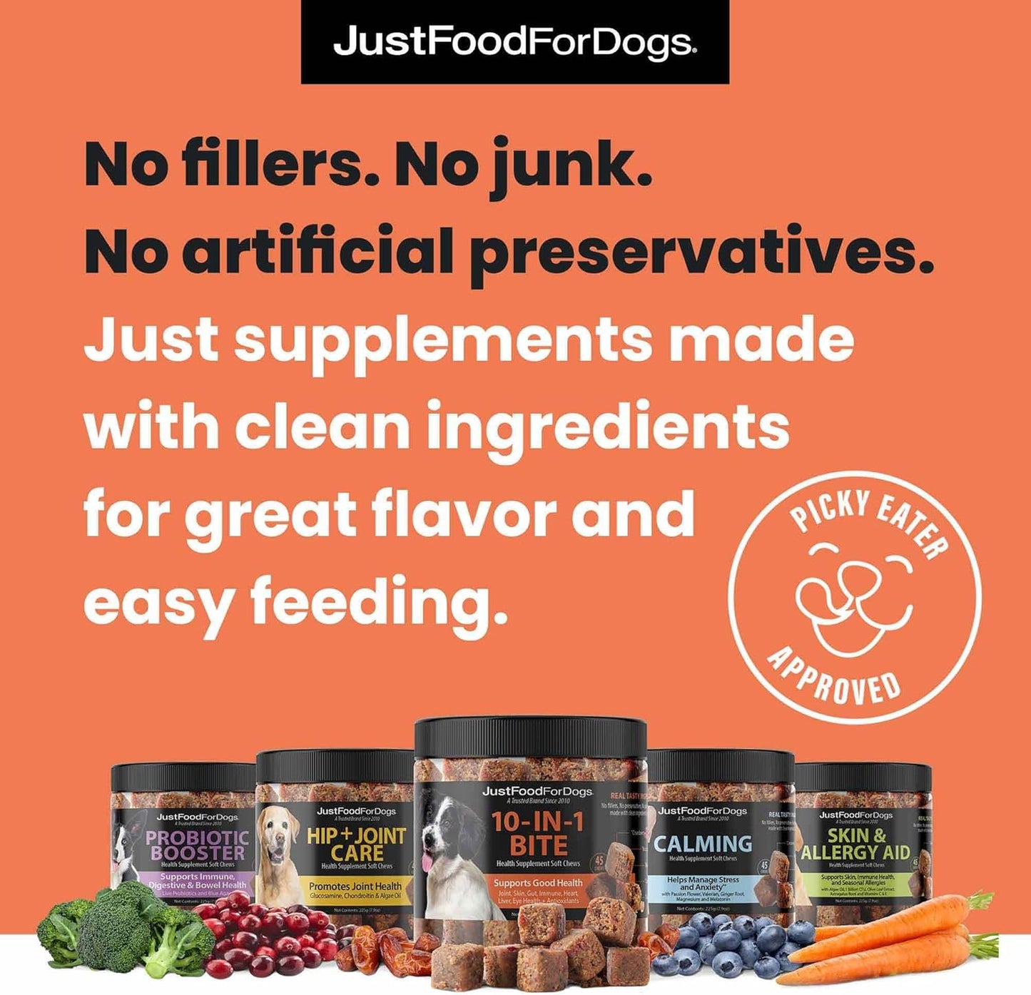 JustFoodForDogs 10-in-1 Multifunctional Supplement Chews for Dogs, Superfood Blend, Glucosamine, Omega-3 Fatty Acids, Skin Health, Joint Health, Probiotics, Plant-Based, Human Grade - 45 Count