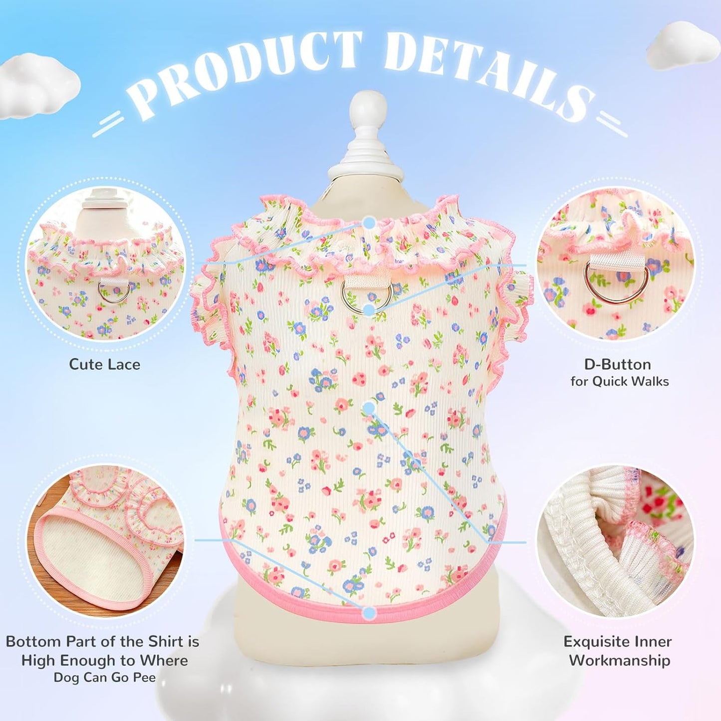 2 Pack Dog Shirt for Small Dogs Breathable Summer Clothes with Ruffled Sleeves Dog Tshirt Stretchy Pet Tee for Puppies Sphynx Cats Kitten Frenchie Dachshund(Pink&Blue,Medium)