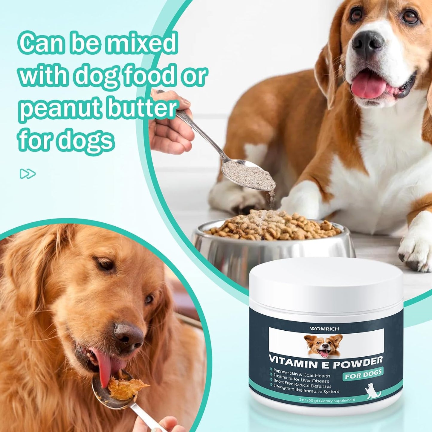 Vitamin E for Dogs, Dog Vitamins E, Vitamin E Powder Promote Cardiovascular Health & Cell Membranes, Boost Dog Immune System, Improve Skin & Coat Health, Treatment for Liver Disease, for All Dogs, 60g
