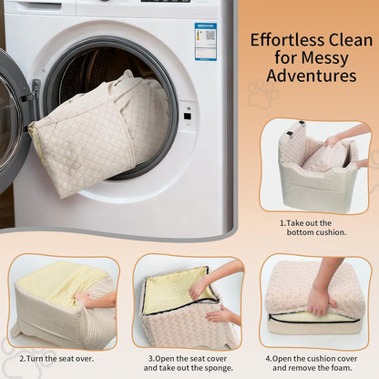 Dog Car Seat for Small Medium Dogs - 6.7inch Elevated Dog Booster Car Seats with Deluxe Rose Plush, Washable Travel Safety Pet Carseat Bed with 2 Safety Belts and Storage Pockets(Beige)