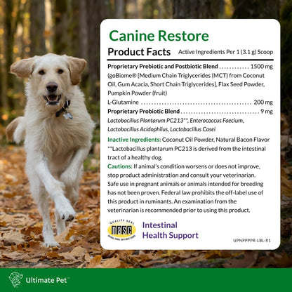 Ultimate Pet Nutrition Canine Restore, Gut Health Supplement with Prebiotics, Probiotics, & Postbiotics for Digestive Health & Immunity Support, Vet Formulated Powder Food Topper