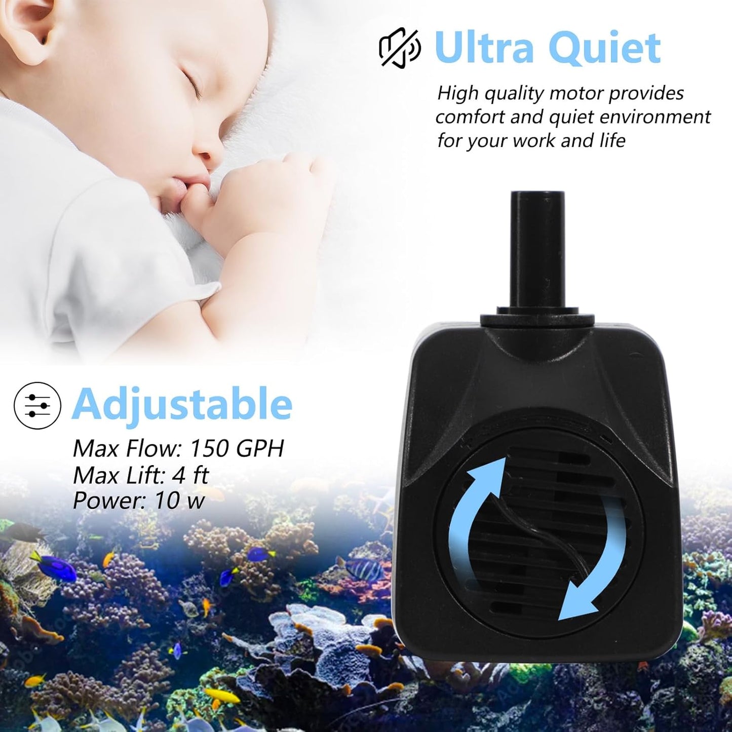 alizzy 150GPH Small Submersible Water Pump(570L/H, 10w), Ultra Quiet Fountain Pump with Tubing for Aquarium, Fish Tank, Pond Fountain, Water Feature, and Hydroponics