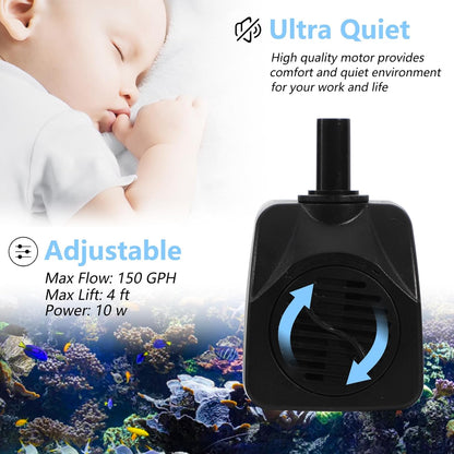alizzy 150GPH Small Submersible Water Pump(570L/H, 10w), Ultra Quiet Fountain Pump with Tubing for Aquarium, Fish Tank, Pond Fountain, Water Feature, and Hydroponics
