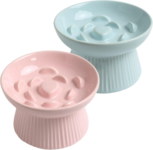 2 Pack Ceramic Slow Feeder Cat Bowl, Raised Puzzle Feeder, Anti-Vomiting, Elevated Food Bowl, Whisker Friendly (Blue, Pink)