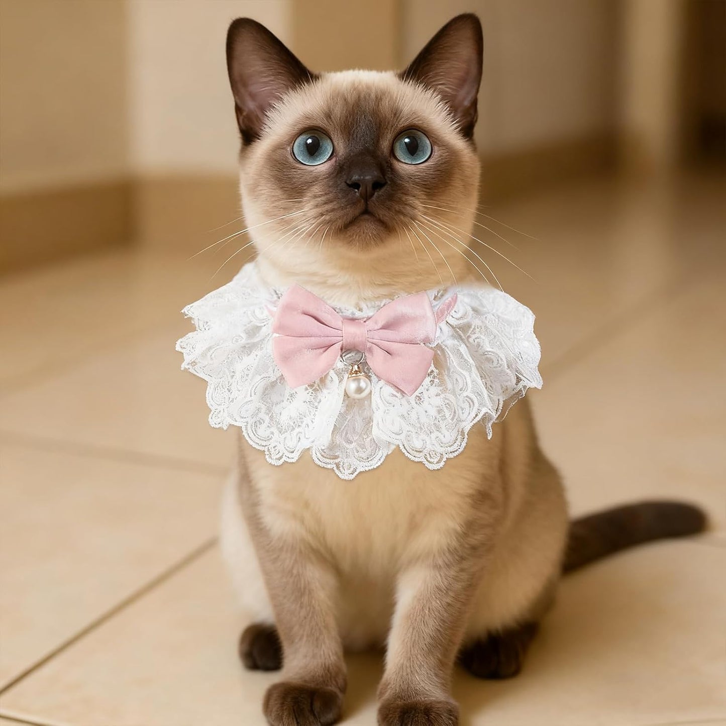 Breakaway Cat Bow Collar, Floral Cute Kitten Collar, Adjustable Safety Ties with Pearl Bell, Elegant Lace Necklace for Indoor Girl Cats, Dogs, Pets (Pink)