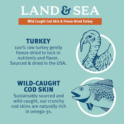Icelandic+ Land & Sea Wild Caught Cod Skin & Freeze-Dried Turkey - 2.4oz Bag, Dog Treat & Food Topper, 2 Ingredients, No Preservatives, All Natural (Pack of 2)
