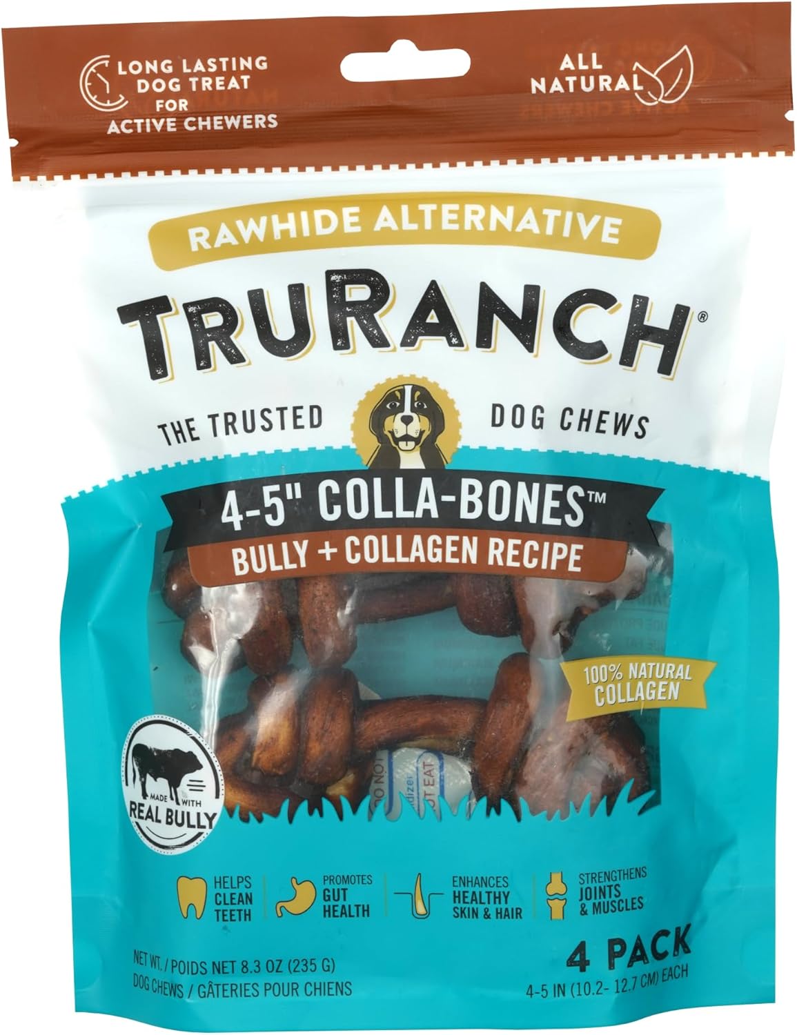 TRURANCH 4-5" Collagen Bones, Bully - Collagen Dog Bones - Long Lasting Healthy Joint Support Dog Treat - Rawhide Alternative - Skin & Coat Health, 1 Bag, 4 Count