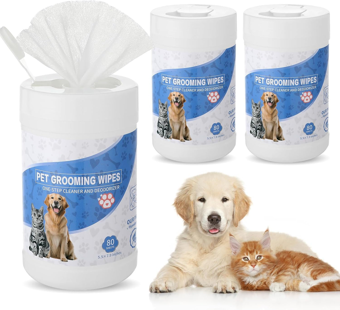 3 Pack Hypoallergenic Pet Grooming Wipes for Dogs and Cats Pet Wipes Jar 240 Total Bottle Deodorizing Cleansing and Unscented Large Non Woven for Paws Faces Skin Folds and Bums