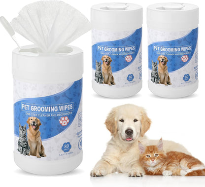 3 Pack Hypoallergenic Pet Grooming Wipes for Dogs and Cats Pet Wipes Jar 240 Total Bottle Deodorizing Cleansing and Unscented Large Non Woven for Paws Faces Skin Folds and Bums