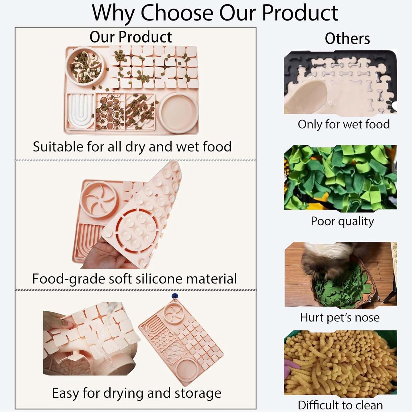 Silicone Licking Mats 6 in 1 for Dogs Cats - Slow Feeder Mat for Smell Training with Water Groove, Snuffle Mats with Suction Cups, Anxiety Relief and Boredom Reducer, Silicone Foldable Bowl