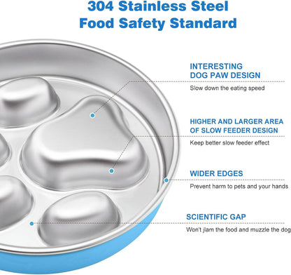 Slow Feeder Dog Bowls Stainless Steel,2 Cups Blue Non-Slip for Small & Medium Sized Dogs,Slow Down Eating Dog Bowl for Fast Eaters