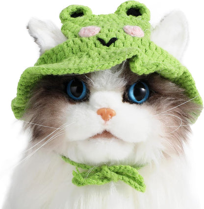 Charming Cat Hat Small Cartoon Themed Knit Cute Cats Bonnet Soft Festive Cats Costumes Halloween Christmas Holiday Party Clothes Head Wear Accessories for Puppy Cat Kitten Dogs Pets Animals (Green)