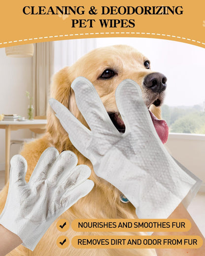 Pet Glove Wipes for Dogs and Cats, Disposable Finger Cleaning Gloves, Gentle Pet Wipes for Paws, Face & Ears, Deodorizing & Moisturizing, Soft & Thick Dog Wipes for Daily Grooming