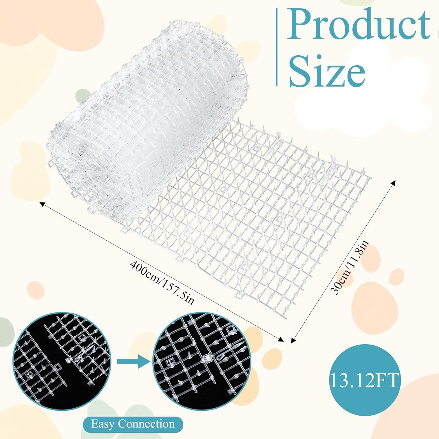 13FT Scat Mat for Cat, Cat Deterrent Mat with Spikes for Indoor & Outdoor Use Humane Cats Repellent Fence to Keep Animal and Dog Away from Furniture Plants Yard Garden