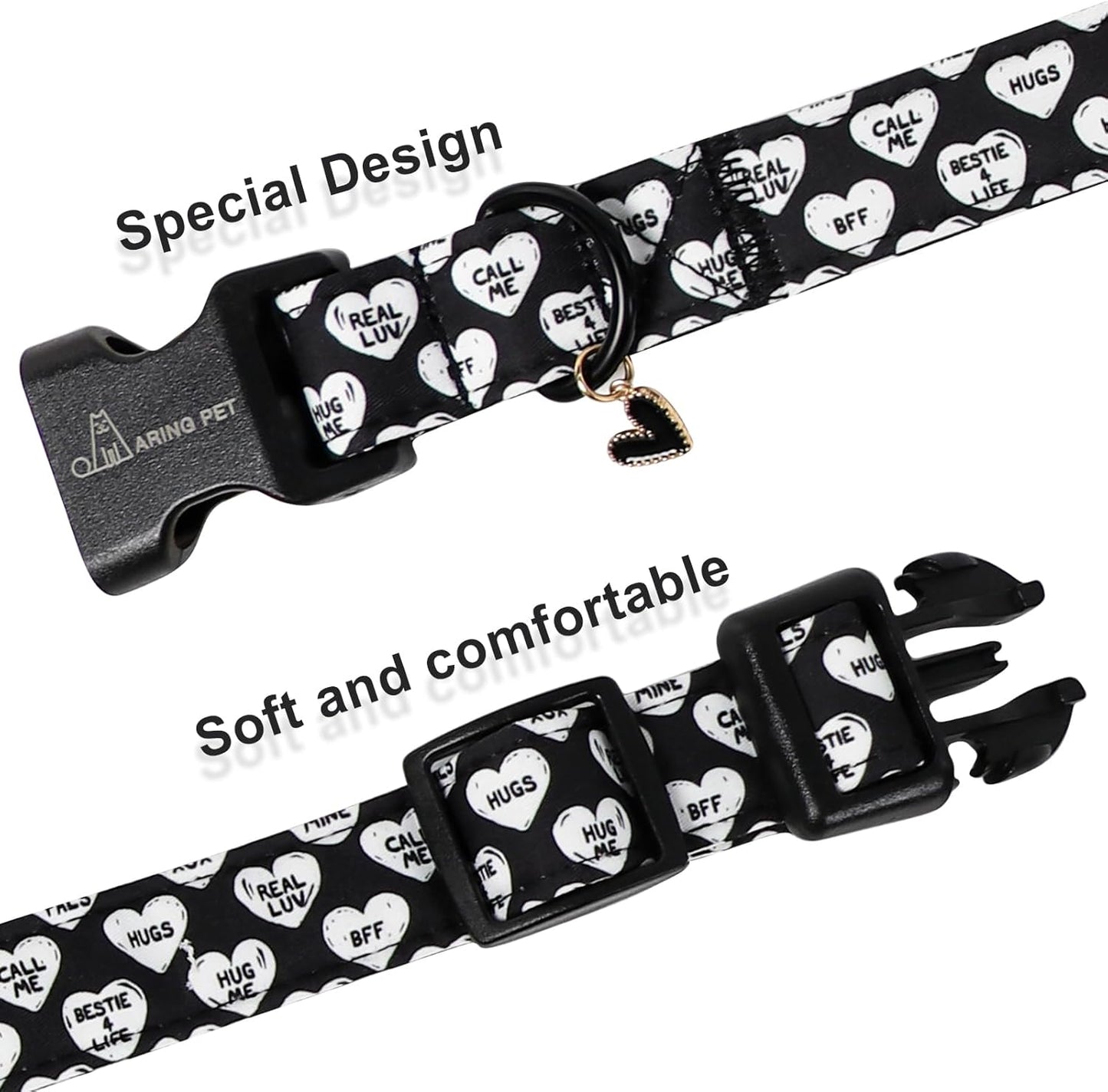 ARING PET Valentine's Day Dog Collar, Cute Black White Heart Puppy Pet Necklace for Small Medium Large Boy Girl Dogs-L