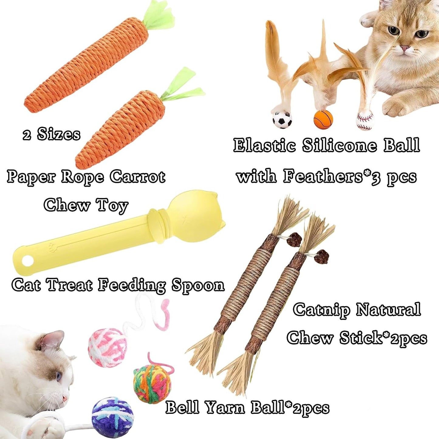 10-Pack Cat Toy Variety Set – Catnip Sticks, Carrot Chew Toys, Feather Balls, Yarn Bell Balls & Treat Spoon for Indoor Cats and Kittens