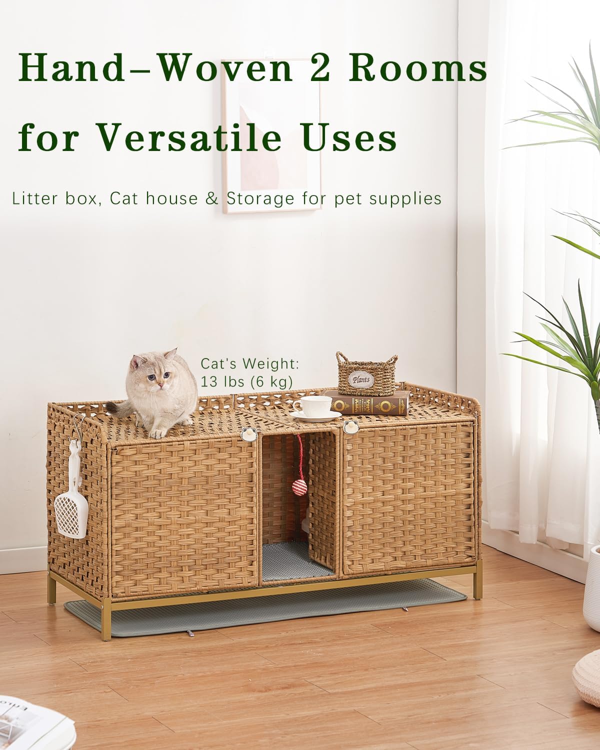 Cat Litter Box Enclosure for 2 Cats, Hidden Litter Box Furniture with Mat, Large Rattan Cat House with Double Room and Door, 47.3 L x 19.7 W x 24 H, 2 S-Shaped Hooks for Living Room Natural