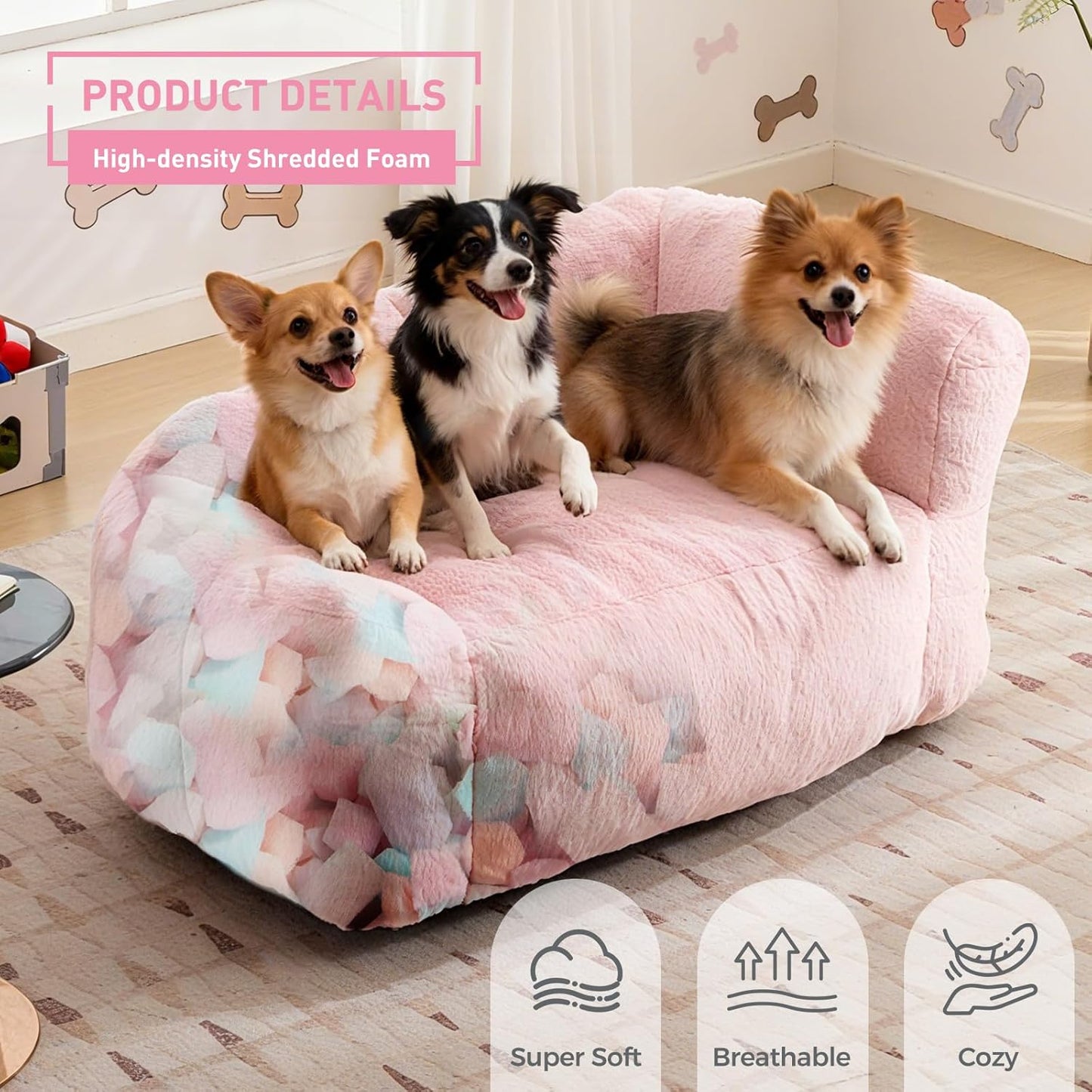 51 Inch Dog Sofa Couch for Large Medium Dogs up to 130 Lbs, Memory Foam Pets Sofa with Faux Fur Fabric Pink