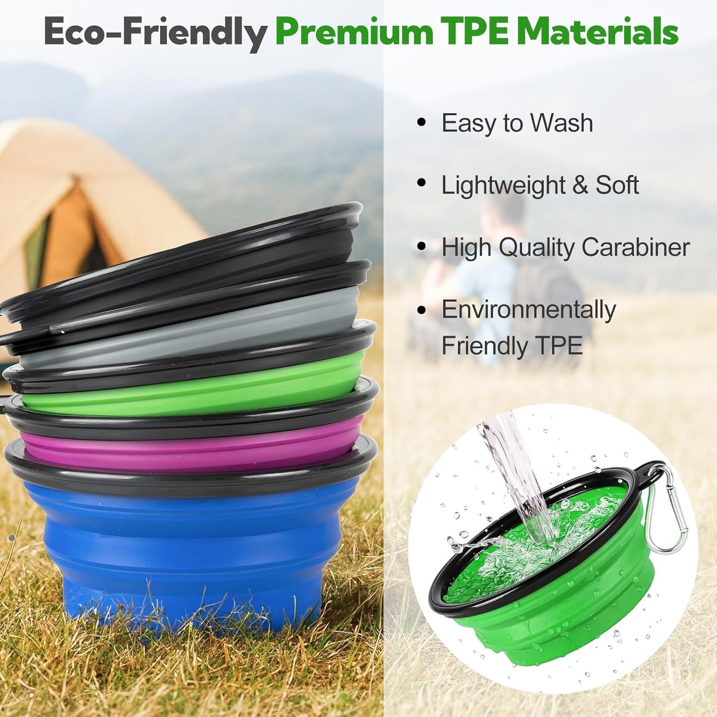 Collapsible Dog Bowl 2 Pack, Dog Water Bowls for Travels, Portable Foldable Pet Bowls Feeding Watering Dish for Parking Walking Camping with 2 Carabiners Clip (12oz, Small, Green+Purple)