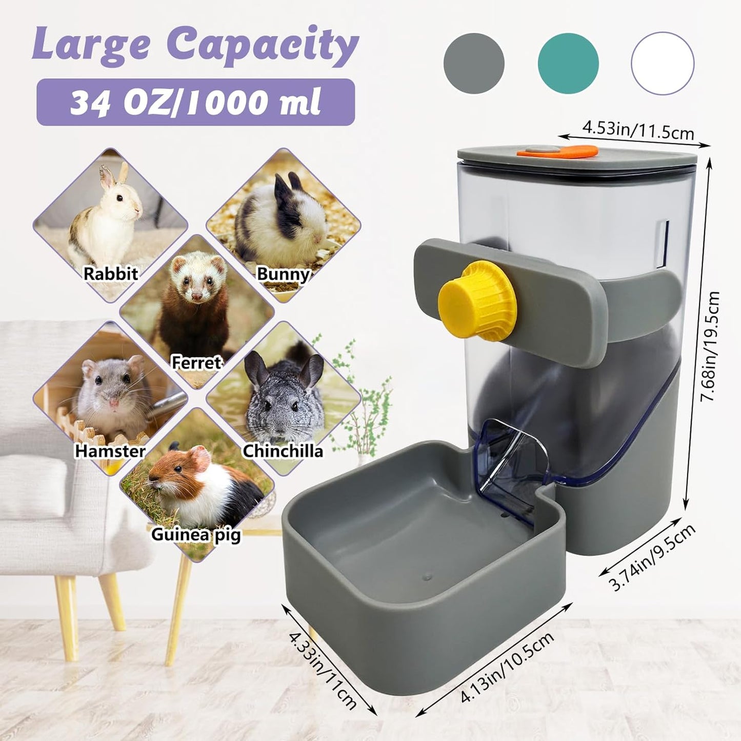 34oz Automatic Rabbit Food Dispenser for Cage Hanging Guinea Pig Feeder No Drip Bunny Food Bowl for Ferret Rat Hamster Chinchilla and Other Small Animals (Gray)