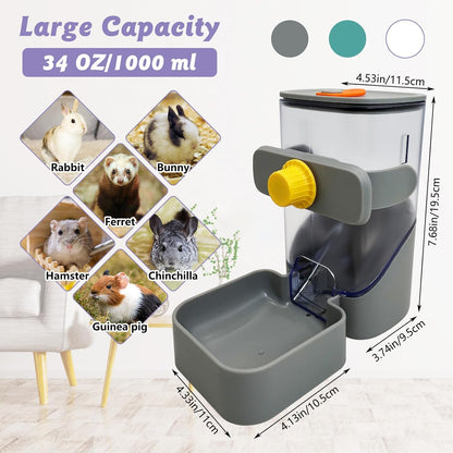 34oz Automatic Rabbit Food Dispenser for Cage Hanging Guinea Pig Feeder No Drip Bunny Food Bowl for Ferret Rat Hamster Chinchilla and Other Small Animals (Gray)