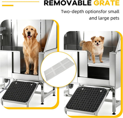 50" Dog Bathtub Professional 304 Stainless Steel – Right Door/Ramp, Faucet & Floor Grate, Pet Grooming Washing Station for Large/Medium/Small Pets