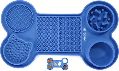 Pet Feeding Dishes,Slow Feeder Lick Mat for Dogs,Cat Licking Mat with Strong Suction Cups - 6-in-1 Interactive Snuffle Mat for Fast Eaters,Anxiety Relief,Grooming & Bath Time (Dark Blue)