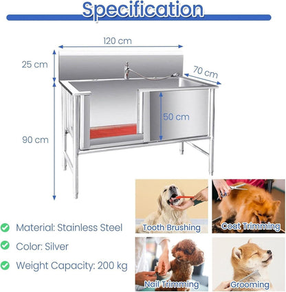 Stainless Steel Professional Pet Dog Grooming Bath Tub for Animal, Elevated Dog Wash Station, Large Pet Bathtub with Drain, Sliding Door, Faucet, Non-Slip Mat(Depth 50 cm)