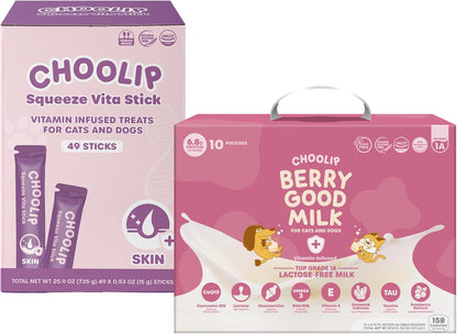 Choolip Bundle | Berry Good Milk 10pk Vitamin-Infused + 49pc Skin and Coat Support Squeeze Vita Sticks with Essential multivitamins [Both Products are for Cats & Dogs of All Life Stages]