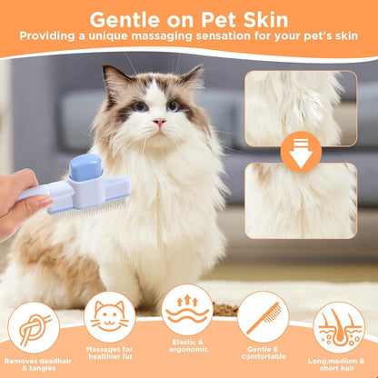 2 Pcs Pet Flea Hair Comb Self Cleaning Cat Brush with Release Button Comfort Safety Stainless Steel Brush Short Long Hair Removal Dogs Grooming Comb for Shedding Tangles